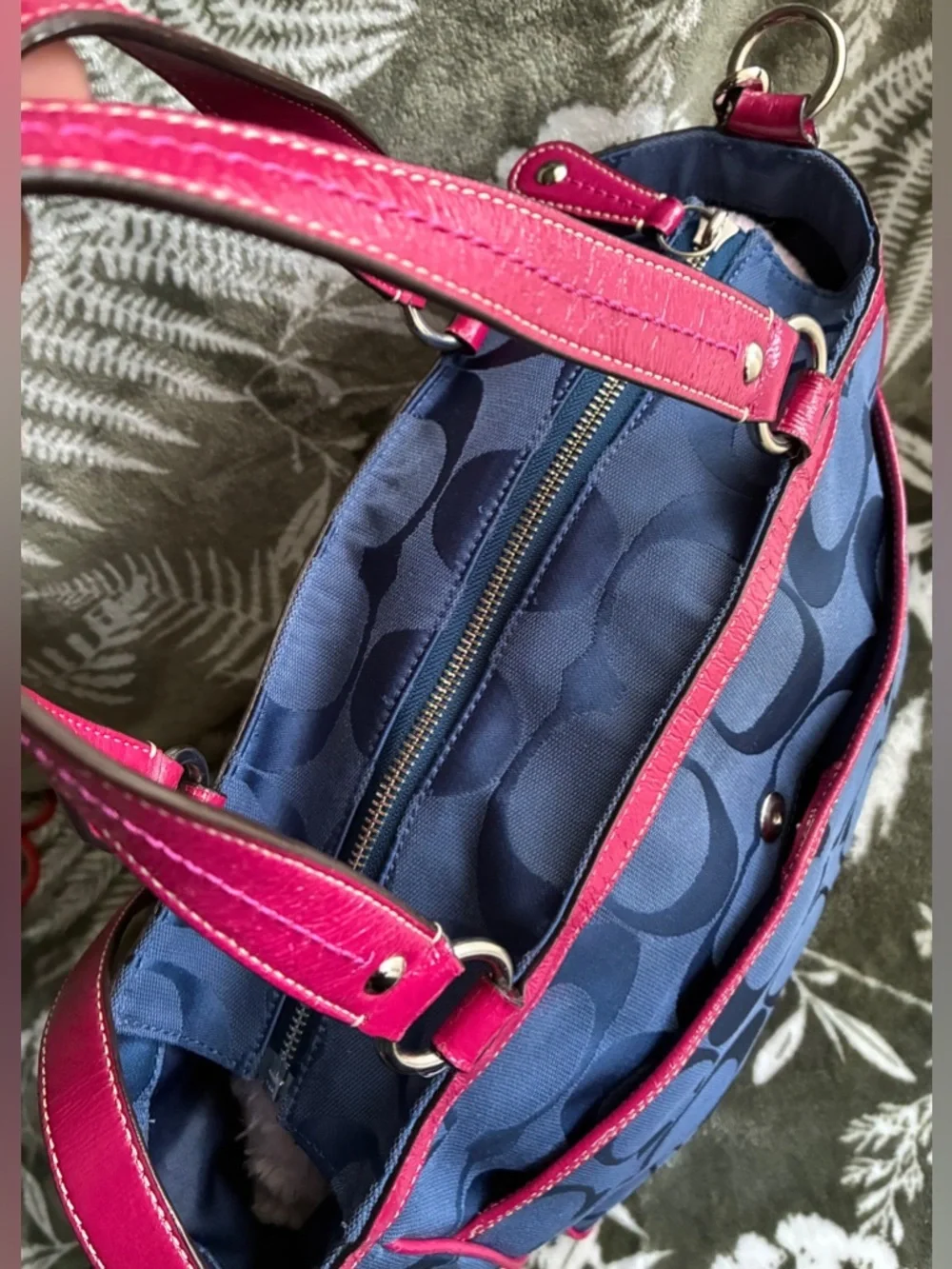 Coach Navy Signature shoulder Bag with Pink Leather Trim